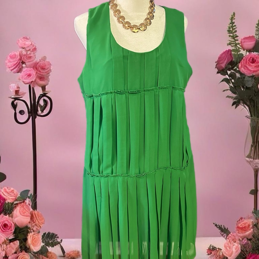 Milano Green Pleated Sundress Scoop Neck Midi